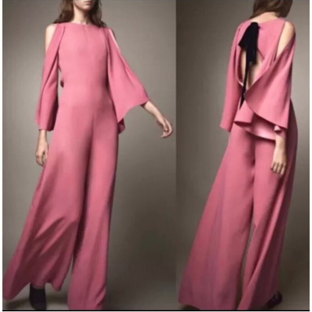 NWT Massimo Dutti Pink Wide Leg Butterfly Sleeve Flowy Jumpsuit w Black Bow 2